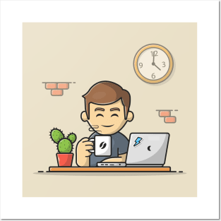 Male Operating Laptop With Coffee Cartoon Vector Icon Illustration Posters and Art